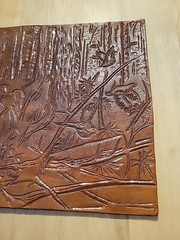 Hunting Dogs Pheasants Wood Scene Hand Unframed 8.5×11.5 Leather Tooled Art