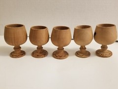 Vintage Wooden Pyrography Folk Art Decanter with 5 Stem Cups and Serving Tray