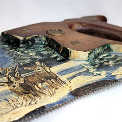 Folk-Art Oil Painting on a Vintage Hand Saw – Winter Deer Scene – Artist Signed