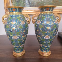 Pair Chinese Cloisonné Enamel Brass Floral Vases Blue Dragon Handle Vintage