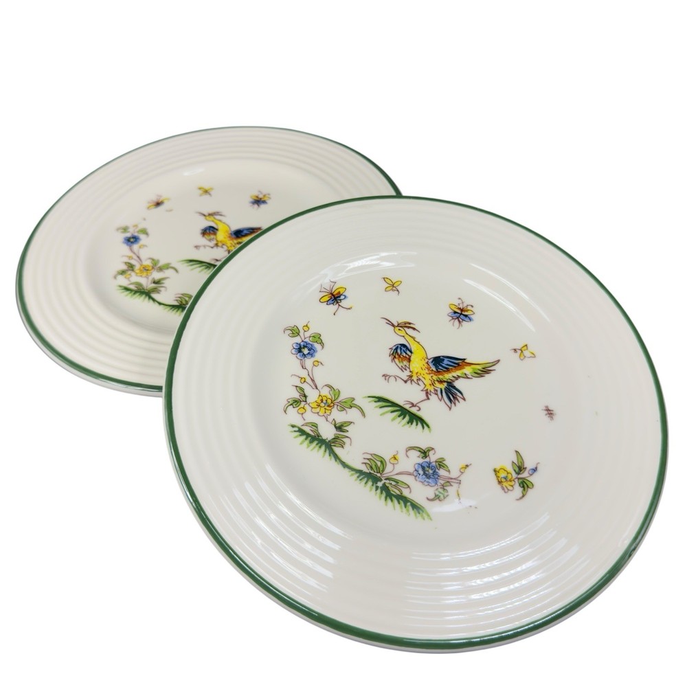 Varages Vieux Fine Porcelain Bird Pattern Plate Dish Set 2 Plates Dishes France