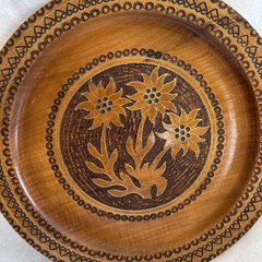 Vintage Carved Wood Plate with Metal Inlay Floral Design Dahlias 11” Wall Decor