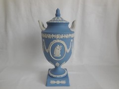 1968 Wedgwood Blue Jasperware Erato & Urania 11.5″ Tall Urn w/ chip underneath