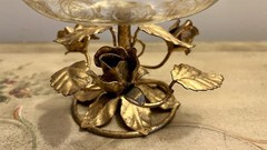 VTG Italy Gold Gilt Tole Metal Leaves/Roses Glass Candy Dish-Compote-Hollywood!