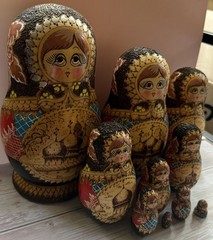 Wood burned Nesting/Traditional. 9.5 Piece Painted Detail – SIGNED. Russian