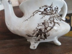 2 Vintage WHITE BROWN Transferware PLATES & TEAPOT Birds & Branches CRAZING