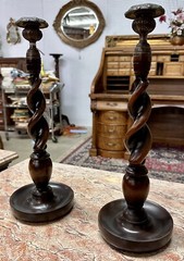 Antique Style LARGE 14″ TALL Carved Wooden Barley Twist Candlesticks with Bronze