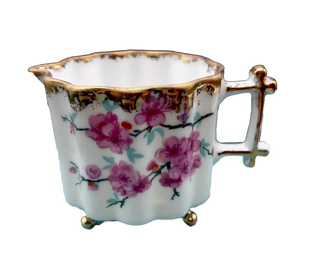 Antique Hand Painted Demitasse Creamer Footed Cherry Blossoms Fun