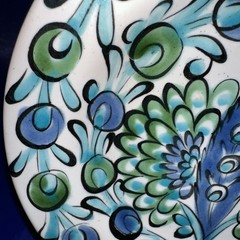 VINTAGE 6” IKAROS POTTERY RHODES GREECE WALL PLATE BLUES GREENS FLORAL FEATHER