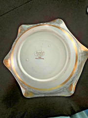 VTG STANGL POTTERY 10″ RUFFLED DISH ANTIQUE GOLD OVER TURQUOISE BLUE BASE #4062