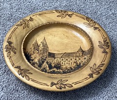 VINTAGE 8.5” PYROGRAPHY WOODEN PLATE-“HUNFELD KIOSTER” FOLK ART