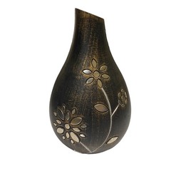 Distressed Black Carved Wood Vase with Silver Metal Floral Inlay Artisan Decor