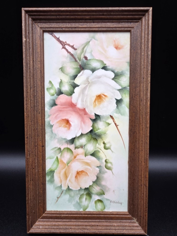 Vintage E. Oakley Signed Framed Hand Painted Ceramic Tile Soft Pastel Roses