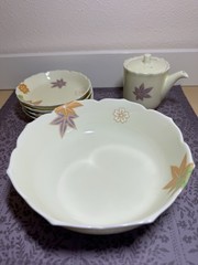 Japanese Porcelain 7 Piece Maple Leaf Set Nishiyama Region Unused Original