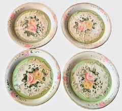 Japan 1940s Hand Painted Occupied Japan Green Pink Roses Small Plates Coasters
