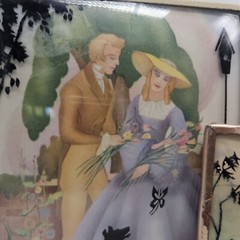 PAIR of Reverse Painted Couple Romance Silhouettes on Convex Glass 1940 VINTAGE.