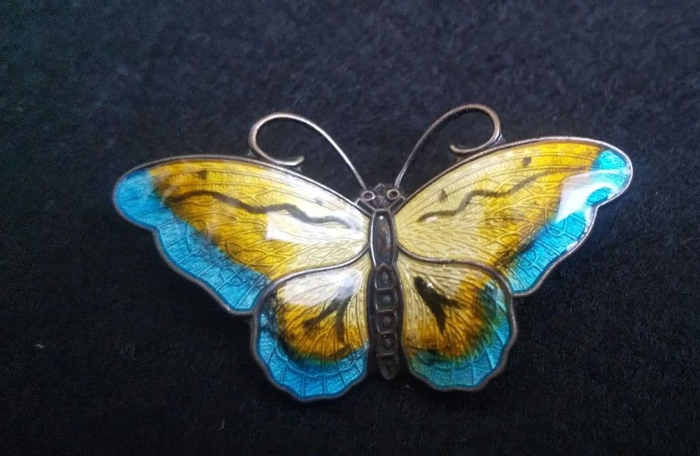 Vintage Silver 925 Butterfly Brooch Enamel Norway Blue Yellow Used