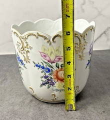 Vintage Hollohaza Hungary Hand Painted Floral Cachepot Planter Gold Gilt Vase