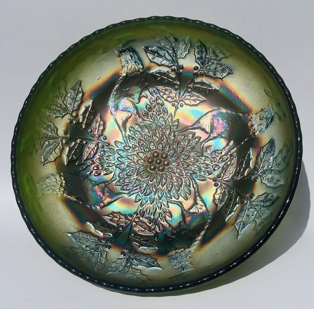 Stag Holly Green Carnival Glass 3 Footed Bowl Beaded Edge Amethyst Irridescence