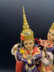 Thailand Traditional Colorful Dancing Dolls Pair Handmade Purple Wood Base 11″