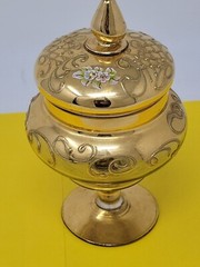 Vintage Gold Painted Textured Footed Glass Lidded Decor Dish Floral RARE