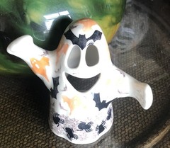 Polish Pottery Ceramic Ghost Lantern Figurine Boo Bats Spiders Webs Halloween