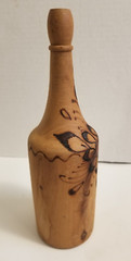 Vintage Wooden Pyrography Folk Art Decanter with 5 Stem Cups and Serving Tray