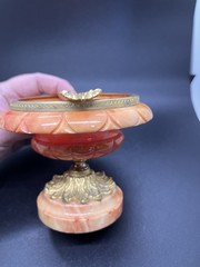 Vintage Alabaster Marble Orange Pedestal Bird Bath, Brass Accents Made Italy
