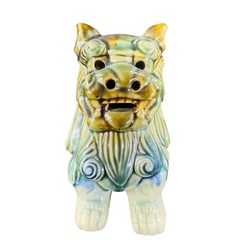 Vintage 1980s Ceramic Majolica Green Foo Dogs Set 2 Shishi Lions Good Luck vtg