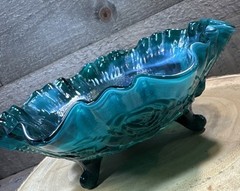 Vtg Imperial Glass GREEN SWIRL ROSE FLORAL Footed Bowl Compote Ruffled Rim