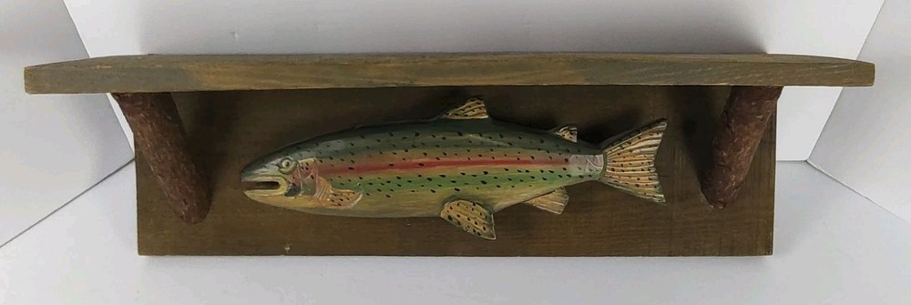 Wood Decorative Fishing Shelf Trout Rustic Lake Cabin Cottage Fathers Day 1980s