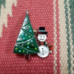 Zuni Inlay Christmas Tree Snowman Brooch Native Jewelry Used