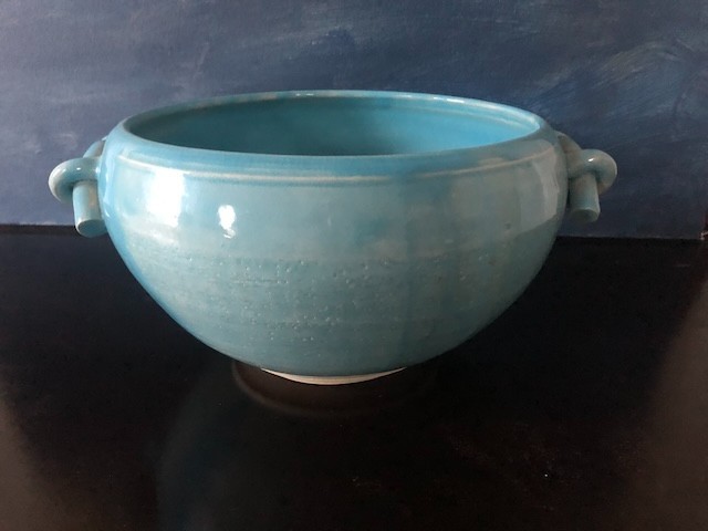 10″ Porcelain Asian Hand Painted Turquoise Display Bowl Signed by Yo