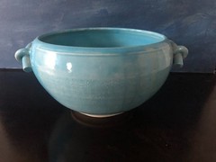 10″ Porcelain Asian Hand Painted Turquoise Display Bowl Signed by Yo
