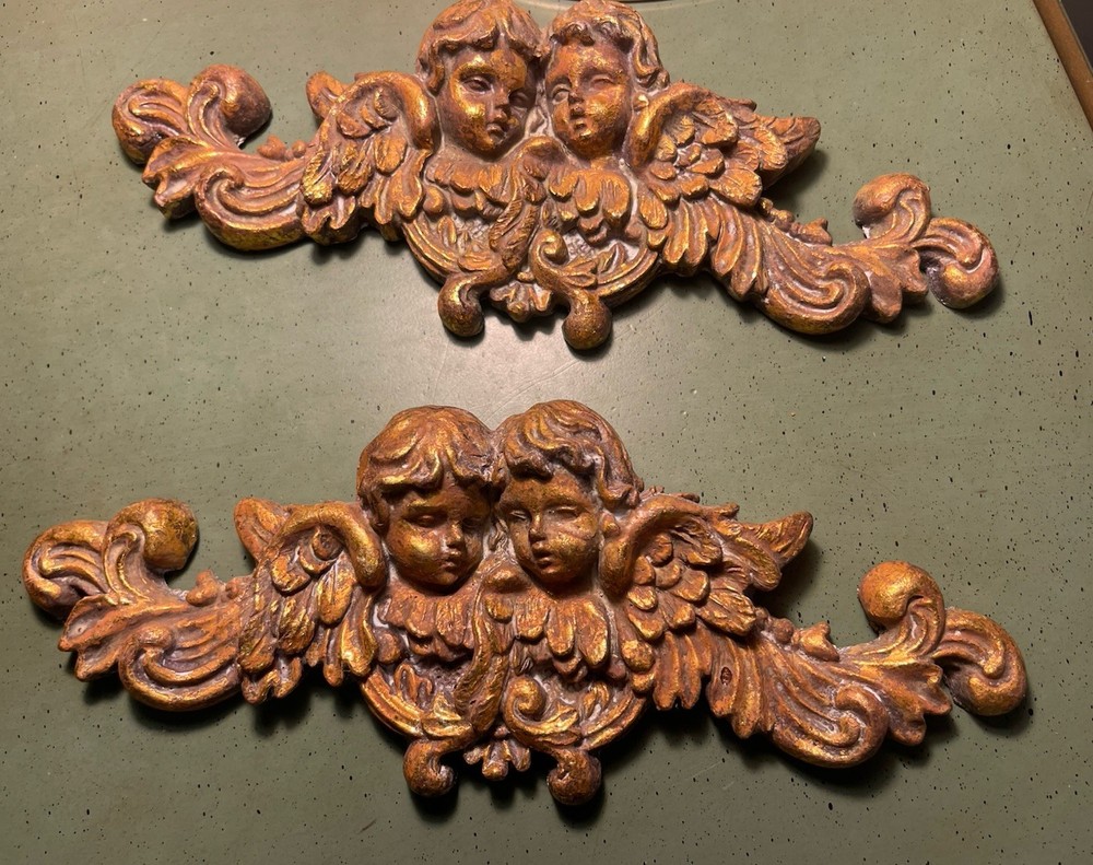 Pair of Antique gold wall pediments ft neoclassical cherubs – French