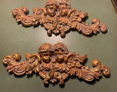 Pair of Antique gold wall pediments ft neoclassical cherubs – French