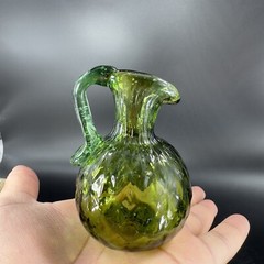 Hand Made Art Glass Green Optic Jug Miniature Pitcher Hand Blown Glass Decor VTG