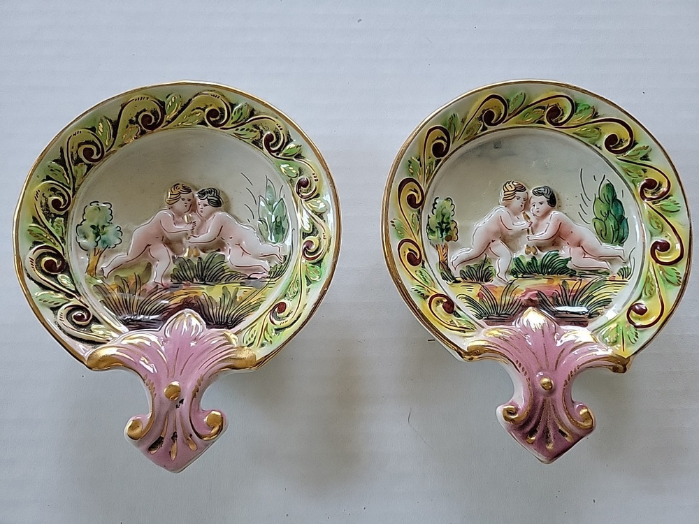 Antique SUNRISE ITALY Cherub Putti Porcelain Hand Painted Relief Trinket Dish 3D