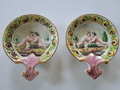 Antique SUNRISE ITALY Cherub Putti Porcelain Hand Painted Relief Trinket Dish 3D