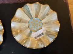 (4pc) Rare Mackenzie Childs Parchment Check Ceramic Fluted Saucers W/ Gold Dots
