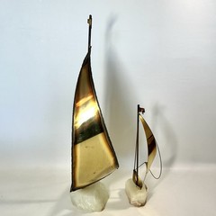 2 Vtg De Mott Brass & Copper Sailboats Art Sculpture Onyx Bases Nautical EVC