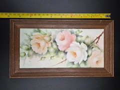 Vintage E. Oakley Signed Framed Hand Painted Ceramic Tile Soft Pastel Roses