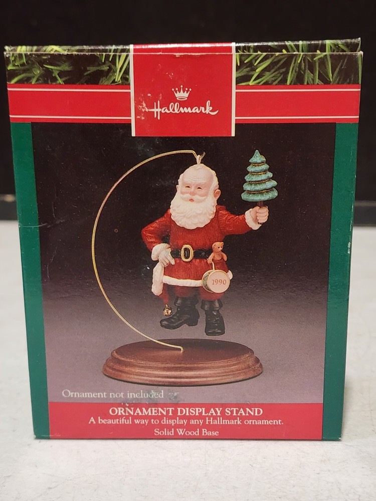 NRFB 1990 Hallmark Ornament Display Stand 3.75 in Wood Base Metal Hanger Vintage