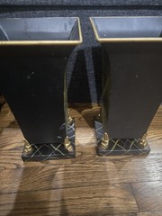Vintage French Ormolu Style Hand Painted Pair Of Footed Tole Cachepots