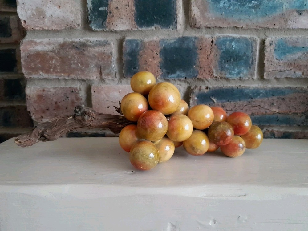 Vintage Italian Alabaster Stone Grape On Wood Stem Handpainted Display Collector