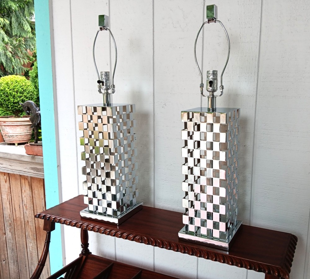 2 CHECKERBOARD chrome table lamp vtg pop mod mcm ’80s modernist art sculpture