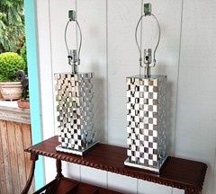 2 CHECKERBOARD chrome table lamp vtg pop mod mcm ’80s modernist art sculpture