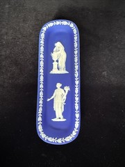 Wedgwood Pre 1891 Antique Blue Jasperware Trinket Pin Oblong Dish 8.5”