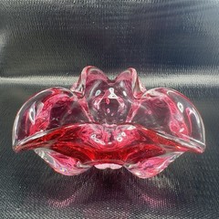 Hand Blown Bohemian Cranberry Art Glass Dish Bowl Folded Edges Original Sticker