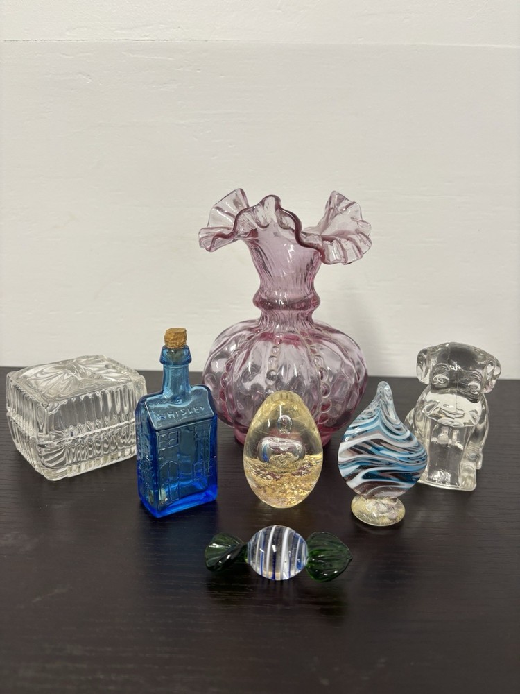 Vintage Art Glass Lot Fenton Vase Lead Crystal Box Paperweight Figurines